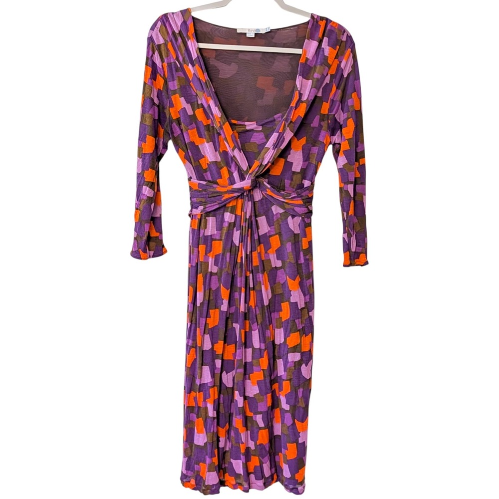 Boden Geometric Print Twist Front Midi Dress Womens Sz 8R Lyocell Purple Orange